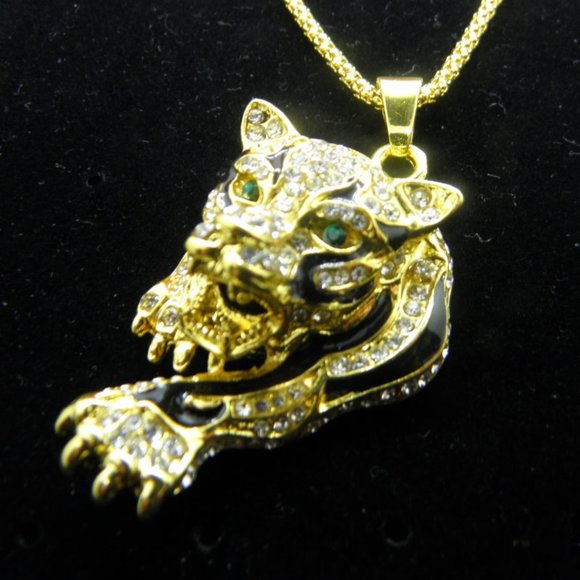 Austrian Crystals & Emerald Inlaid Tiger Pendant - Picture 3 of 8